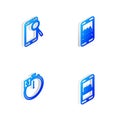 Set Isometric line Mobile Question and Exclamation, phone diagnostics, Stopwatch and with FAQ information icon. Vector Royalty Free Stock Photo