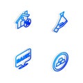 Set Isometric line Money in hand, House with percant discount, Bank building and Gold bars icon. Vector