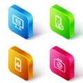Set Isometric line Monitor and envelope, Setting smartphone, Smartphone with download and First aid kit icon. Vector