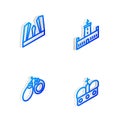 Set Isometric line Montjuic castle, Gate of Europe, Castanets and Crown spain icon. Vector