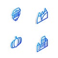 Set Isometric line Mountains, Hockey helmet, Pumpkin and Chateau Frontenac hotel icon. Vector