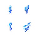 Set Isometric line Neptune Trident, Sword for game, Old key and Body armor icon. Vector