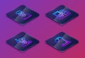 Set Isometric line Nerd geek, Robot, Monitor with keyboard and Table lamp. Blue square button. Vector