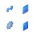 Set Isometric line Notebook, Dumbbell, Cogwheel gear settings and Paper or financial check icon. Vector