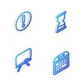 Set Isometric line Old hourglass, Speech bubble and Exclamation, Chalkboard and Calendar icon. Vector Royalty Free Stock Photo