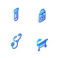 Set Isometric line Organ container, Test tube with blood, Stethoscope and Operating table icon. Vector Royalty Free Stock Photo