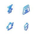 Set Isometric line Pack full of seeds of plant, Windmill, Watering can and Acorn, oak nut, icon. Vector