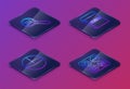Set Isometric line Paper clip, Calculator, Triangle math and Square root. Blue square button. Vector