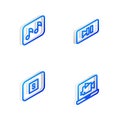 Set Isometric line Pause button, Music note, tone, Stop media and Online play video icon. Vector Royalty Free Stock Photo