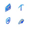 Set Isometric line Pickaxe, Cryptocurrency wallet, Shield with bitcoin and cloud mining icon. Vector