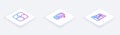 Set Isometric line Piece of puzzle, Certificate template and Book. White square button. Vector
