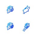 Set Isometric line Piggy bank, Fire in burning house, House with shield and insurance icon. Vector