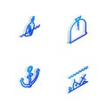 Set Isometric line Pirate sack, Bottle with message in water, Anchor and Sunken ship icon. Vector