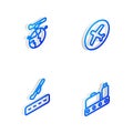 Set Isometric line Plane, Globe with flying plane, takeoff and Conveyor belt suitcase icon. Vector Royalty Free Stock Photo