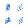 Set Isometric line Play button, Music player, Sound or audio recorder and video icon. Vector