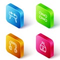 Set Isometric line Pommel horse, Dumbbell, Headphones and Sports nutrition icon. Vector