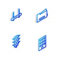 Set Isometric line Printer, Router and wi-fi signal, Traffic light and House icon. Vector