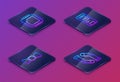 Set Isometric line Processor with CPU, Bow tie, Computer and Socks. Blue square button. Vector