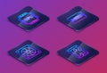 Set Isometric line Processor with CPU, Computer cooler, SSHD card and Hard disk drive HDD. Blue square button. Vector