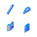 Set Isometric line Protractor grid, Ruler, Open book and Hotel building icon. Vector