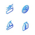 Set Isometric line Radar with targets, Lighthouse, Yacht sailboat and Life jacket icon. Vector