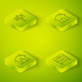 Set Isometric line Real estate, Shelter for homeless, Trash can and Ask help text icon. Vector