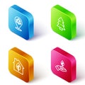 Set Isometric line Recycle, Christmas tree, Eco friendly house and Plant in hand icon. Vector Royalty Free Stock Photo