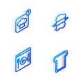 Set Isometric line Rolling pin on dough, Chef hat, Cooking live streaming and Bread toast icon. Vector