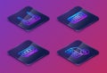 Set Isometric line Router and wi-fi signal, RAM, random access memory, Keyboard and Case of computer. Blue square button Royalty Free Stock Photo