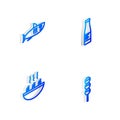 Set Isometric line Sauce bottle, Shark, Soup with shrimps and Takoyaki on stick icon. Vector