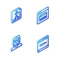 Set Isometric line Search engine, Flowchart, Hacker or coder and icon. Vector