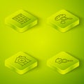 Set Isometric line Searching for food, No house, and Multi storey building icon. Vector