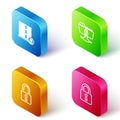Set Isometric line Server security with lock, FTP folder and, Open padlock and Lock icon. Vector