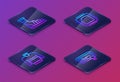 Set Isometric line Slippers with socks, Sweater, Processor CPU and Certificate template. Blue square button. Vector