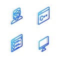Set Isometric line Software, Hacker or coder, Browser files and Computer monitor screen icon. Vector Royalty Free Stock Photo