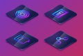 Set Isometric line Solar system, Book, XYZ Coordinate and Molecule. Blue square button. Vector