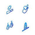 Set Isometric line Spanish wineskin, Beach, Earrings and Agbar tower icon. Vector