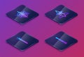 Set Isometric line Spider web, Magic wand, Wizard warlock and . Blue square button. Vector
