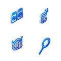 Set Isometric line Sponge with bubbles, Salt and pepper, Washing dishes and Frying pan icon. Vector