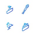 Set Isometric line Spyglass telescope lens, Seagull sits on buoy, Bird seagull and Cruise ship icon. Vector