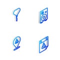 Set Isometric line Stereo speaker, Balloons in form of heart, Slice pizza and Calendar party icon. Vector