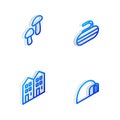 Set Isometric line Stone for curling, Mushroom, House and Igloo ice house icon. Vector