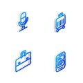 Set Isometric line Suitcase, Microphone voice device, Briefcase and Online translator icon. Vector