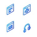 Set Isometric line System bug, Page with a 404 error, Binary code and Headphones icon. Vector