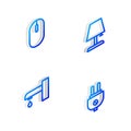 Set Isometric line Table lamp, Computer mouse, Water tap and Electric plug icon. Vector Royalty Free Stock Photo