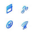 Set Isometric line Takoyaki, Canned fish, Jellyfish on plate and Scallop sea shell icon. Vector