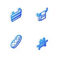 Set Isometric line Towel on a hanger, Sauna bucket, Bath sponge and bench with icon. Vector Royalty Free Stock Photo
