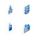 Set Isometric line Traffic light, Church building, Walkie talkie and Wallet with coin icon. Vector