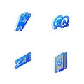 Set Isometric line Translator, Airline ticket, and Cover book travel guide icon. Vector
