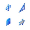 Set Isometric line Triangular ruler, Pixel arrows in four directions, Hotel building and Arrow icon. Vector Royalty Free Stock Photo